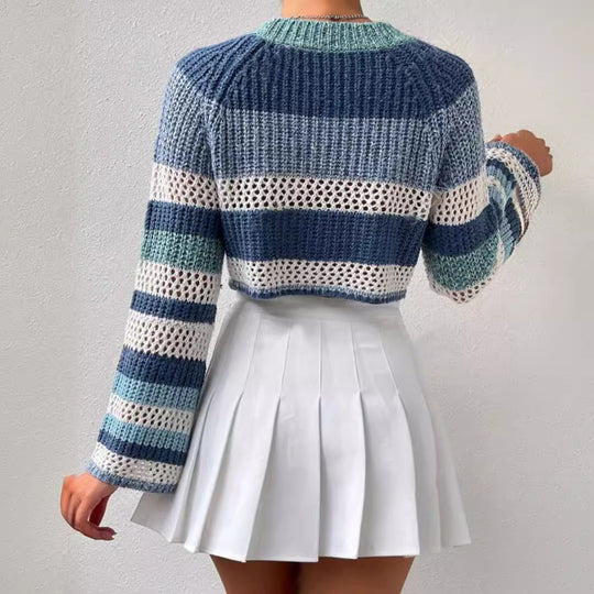 Damen luftiger, gestreifter Strickpullover mit weitem Schnitt EB