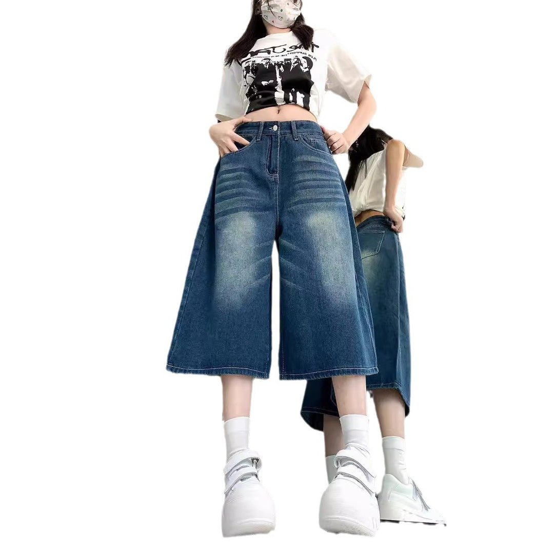 Damen Weite Denim-Culotte mit hohem Bund und elastischem Taillenbund EB