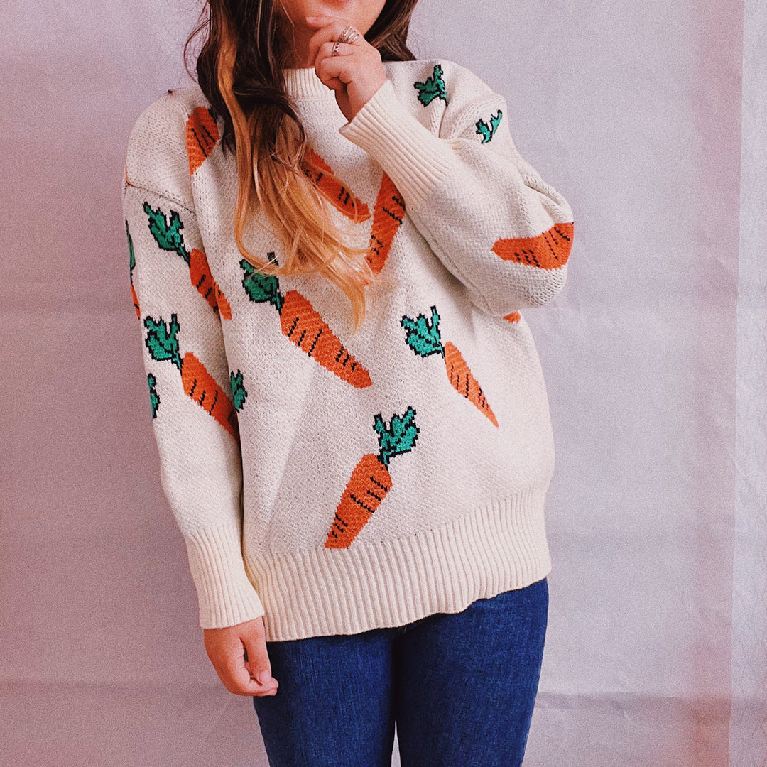 Damen lässiger Pullover mit buntem Karottenmotiv EB