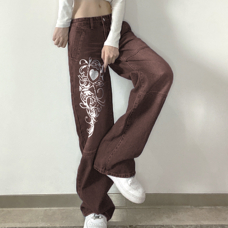 Damen weite Denim-Hose mit kunstvollem Druck EB