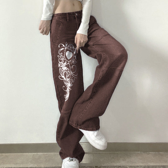 Damen weite Denim-Hose mit kunstvollem Druck EB