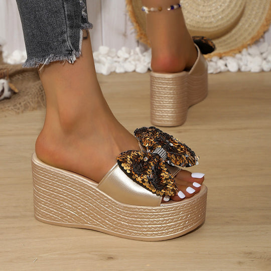 Damen Plateau-Pantoletten mit glitzerndem Schleifen-Design EB