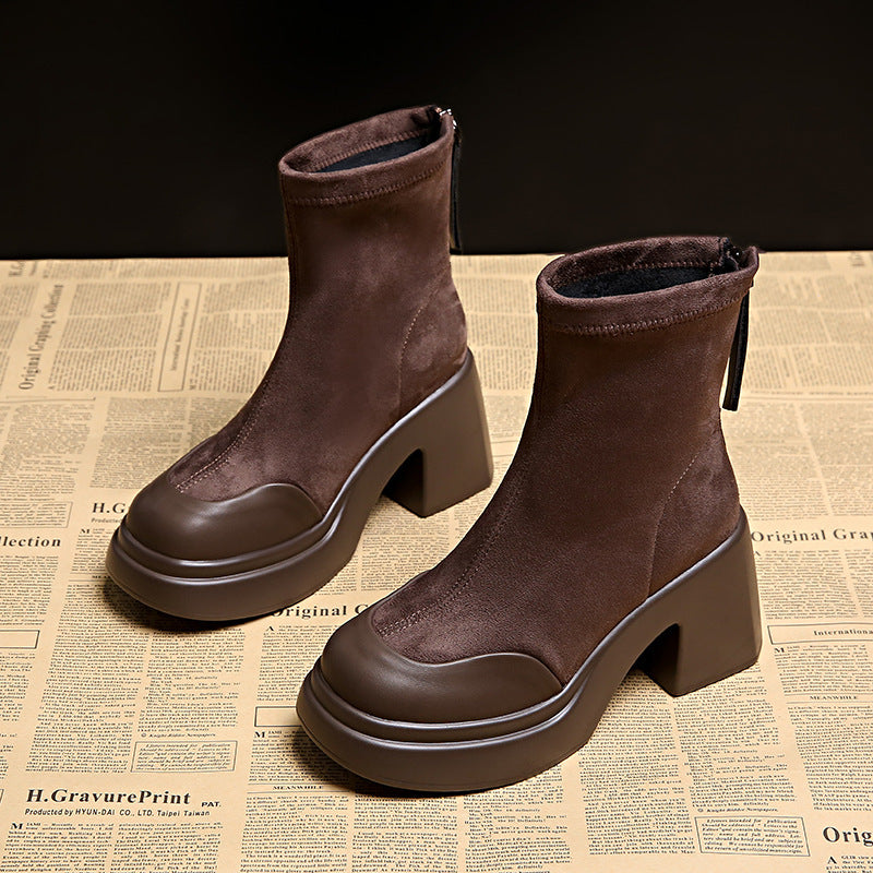 Damen modische Ankle Boots mit hohem Blockabsatz und Reißverschluss EB