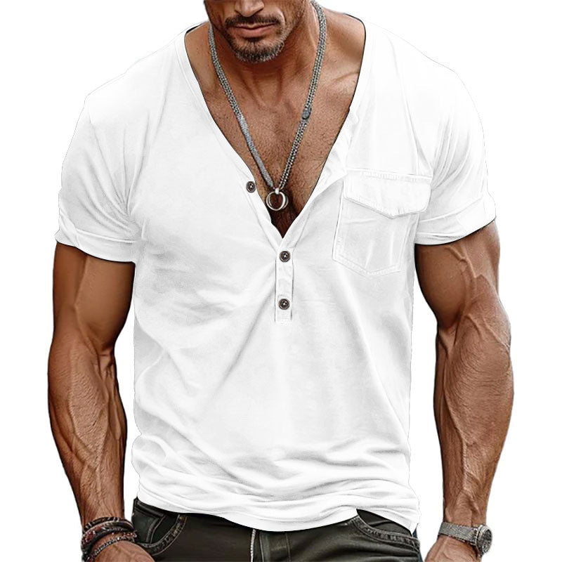 Herren Kurzarm-Henley-T-Shirt mit dekorativer Brusttasche und modernem Schnitt EB