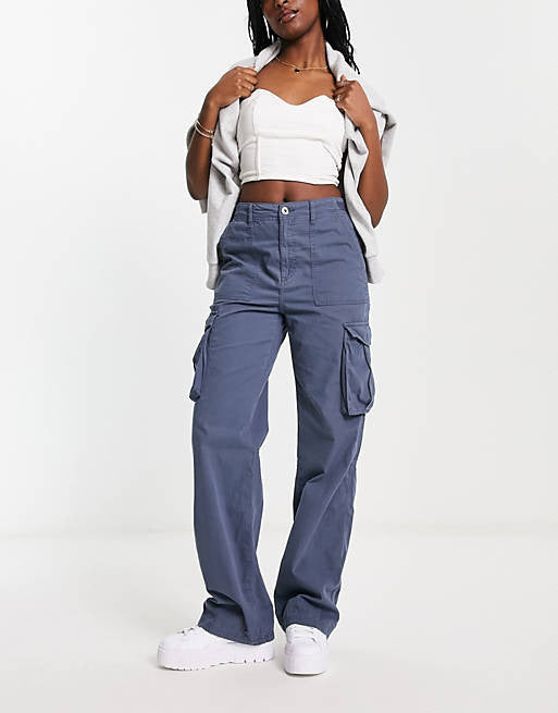 Damen nan weite High-Waist Cargo-Hose mit aufgesetzten Pattentaschen und geradem Bein EB