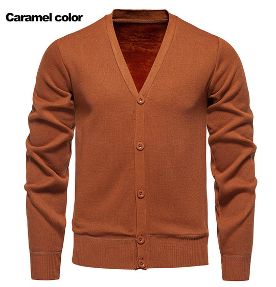 Herren kuschelige Strickjacke mit V-Ausschnitt und Knopfleiste EB