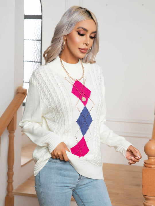 Damen Strickpullover mit modernem Rautenmuster und Zopfmuster EB