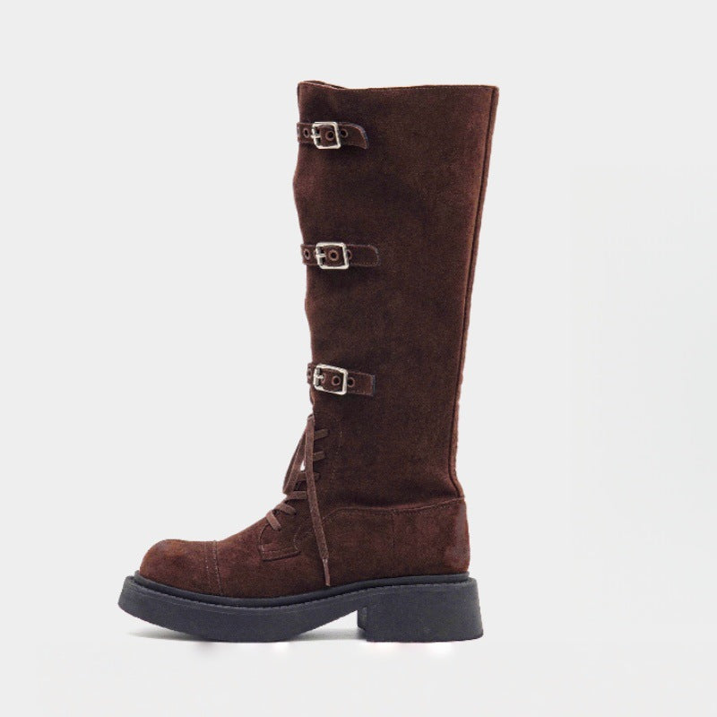 Damen Modische Overknee-Stiefel mit robustem Plateau und dekorativen Schnallen EB