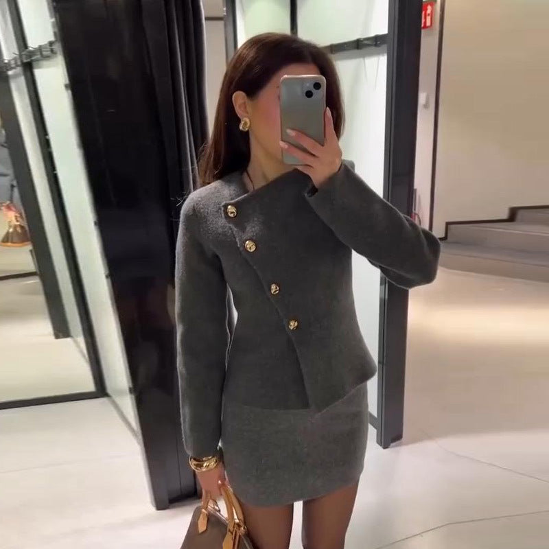 Damen Modische Wolljacke mit asymmetrischem Schnitt und eleganten Knopfdetails EB