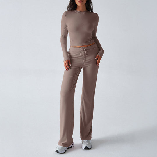 Damen nan tailliertes Longsleeve-Crop-Top und weite Lounge-Hose im Zweiteiler-Set aus Stretchjersey EB