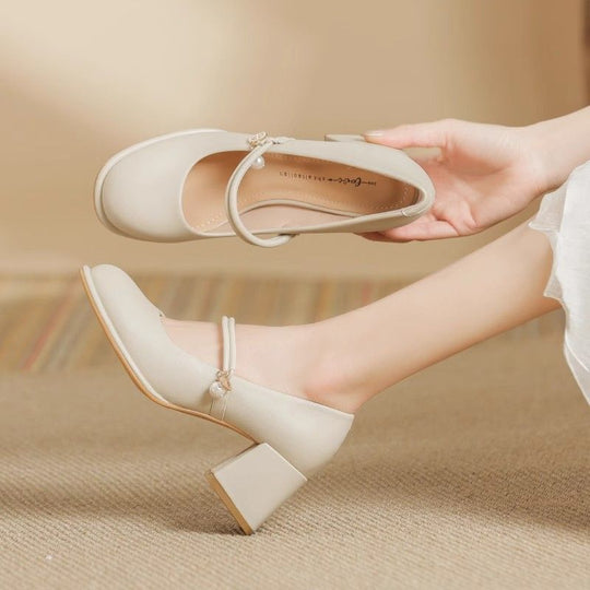 Damen elegante Mary Jane Schuhe mit Blockabsatz und Perlenakzent EB