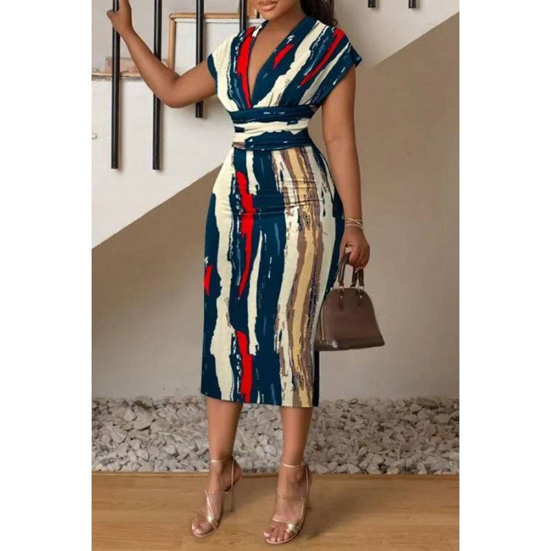 Damen Wickelkleid mit modernem Muster und figurbetonter Silhouette EB