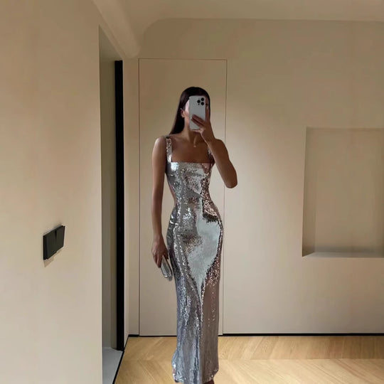 Damen Maxikleid mit glitzernden Pailletten und elegantem Schnitt EB