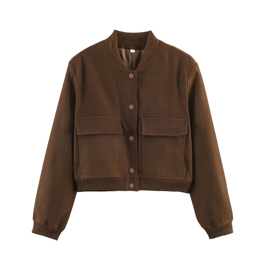 Damen nan kurze Utility-Bomberjacke mit aufgesetzten Pattentaschen, verdeckter Druckknopfleiste und elastischen Rippbündchen EB