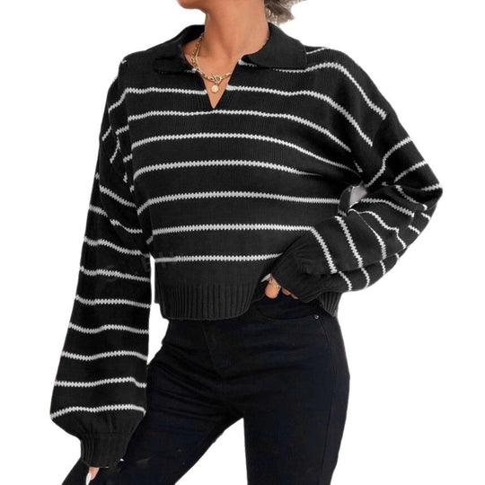 Damen moderner cropped Pullover mit Streifen und tiefem V-Ausschnitt EB