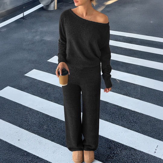 Damen nan kuscheliges Bouclé-Lounge-Set mit One-Shoulder-Crop-Pullover und Highwaist Palazzo-Hose EB
