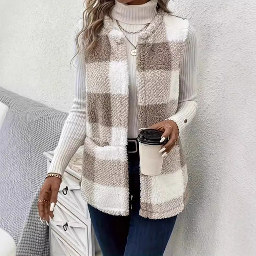 Damen Flauschige Weste mit Karomuster und Taschen EB