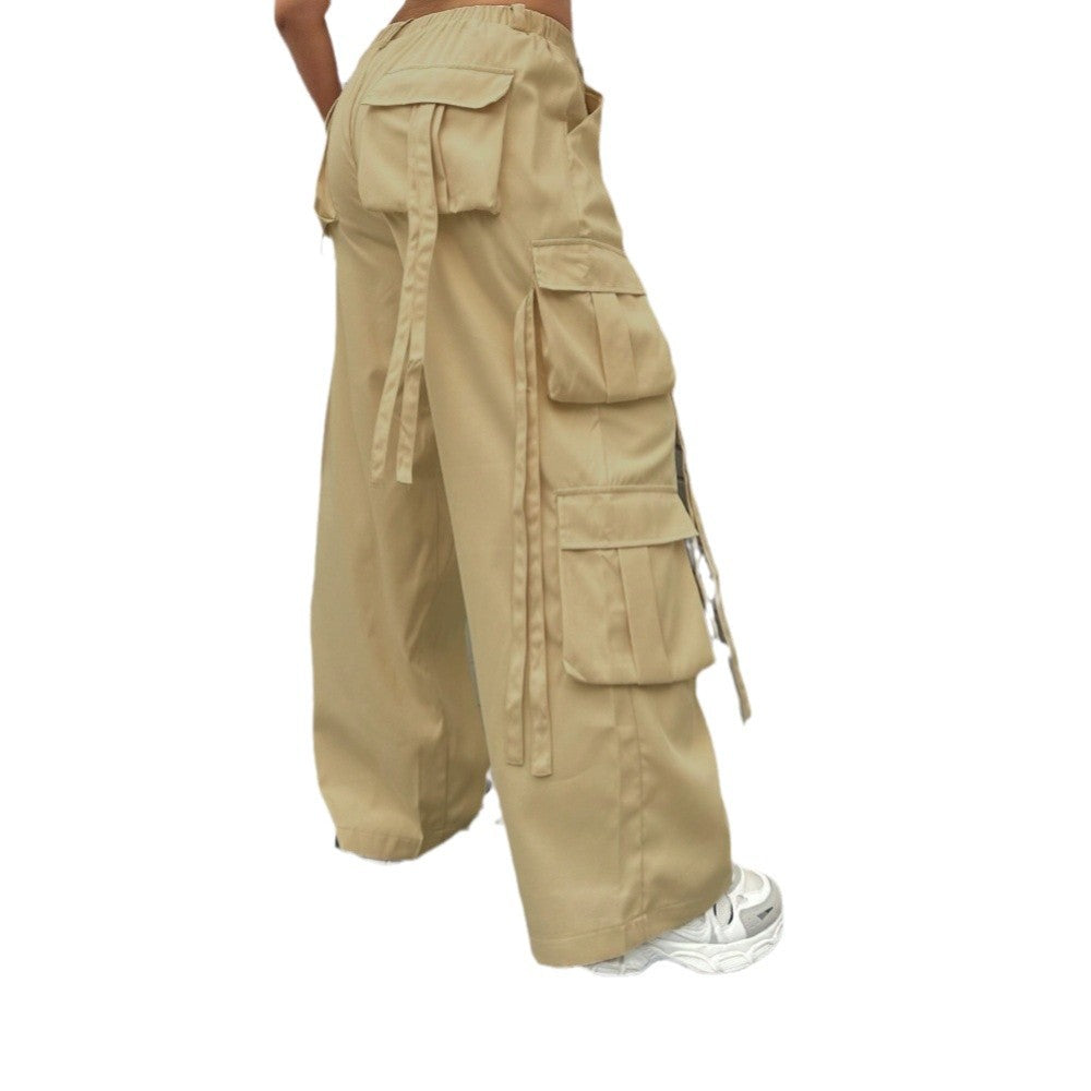Damen weite Cargo-Hose mit funktionalen Taschen und elastischem Bund EB