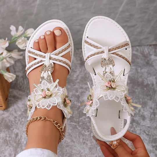 Damen Elegante Sandalen mit floralen Applikationen und verstellbarem Riemen EB