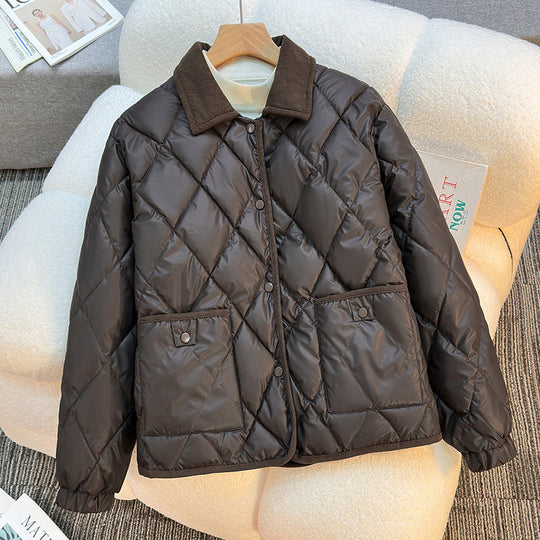 Damen nan karierter Thermo-Quiltblazer mit Cordkragen und aufgesetzten Druckknopf-Pattentaschen EB