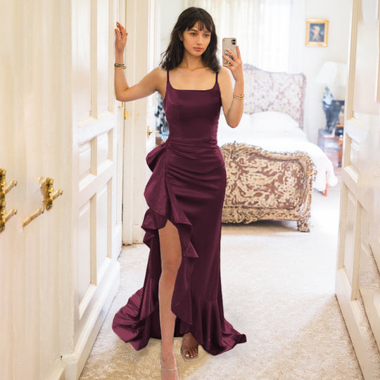 Damen elegantes Maxikleid mit seitlichem Schlitz und fließendem Rüschensaum EB