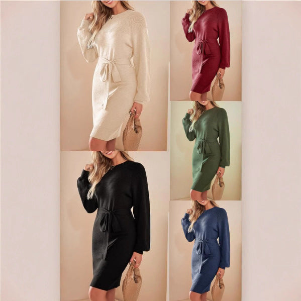 Damen Strickkleid mit Taillengürtel und langen Ärmeln EB
