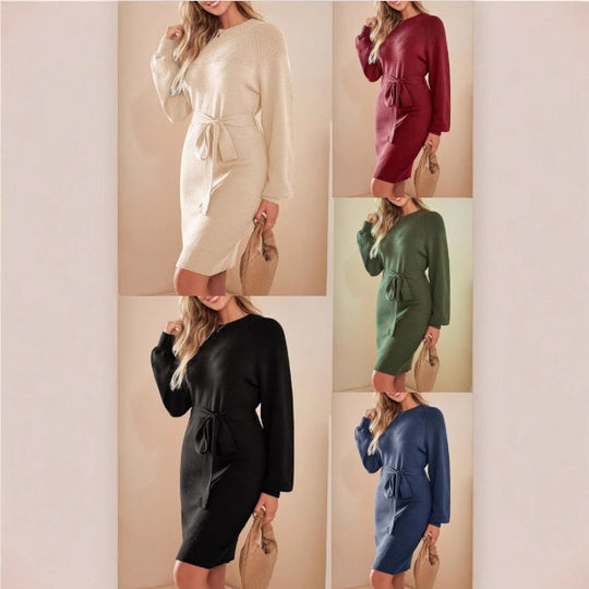Damen Strickkleid mit Taillengürtel und langen Ärmeln EB