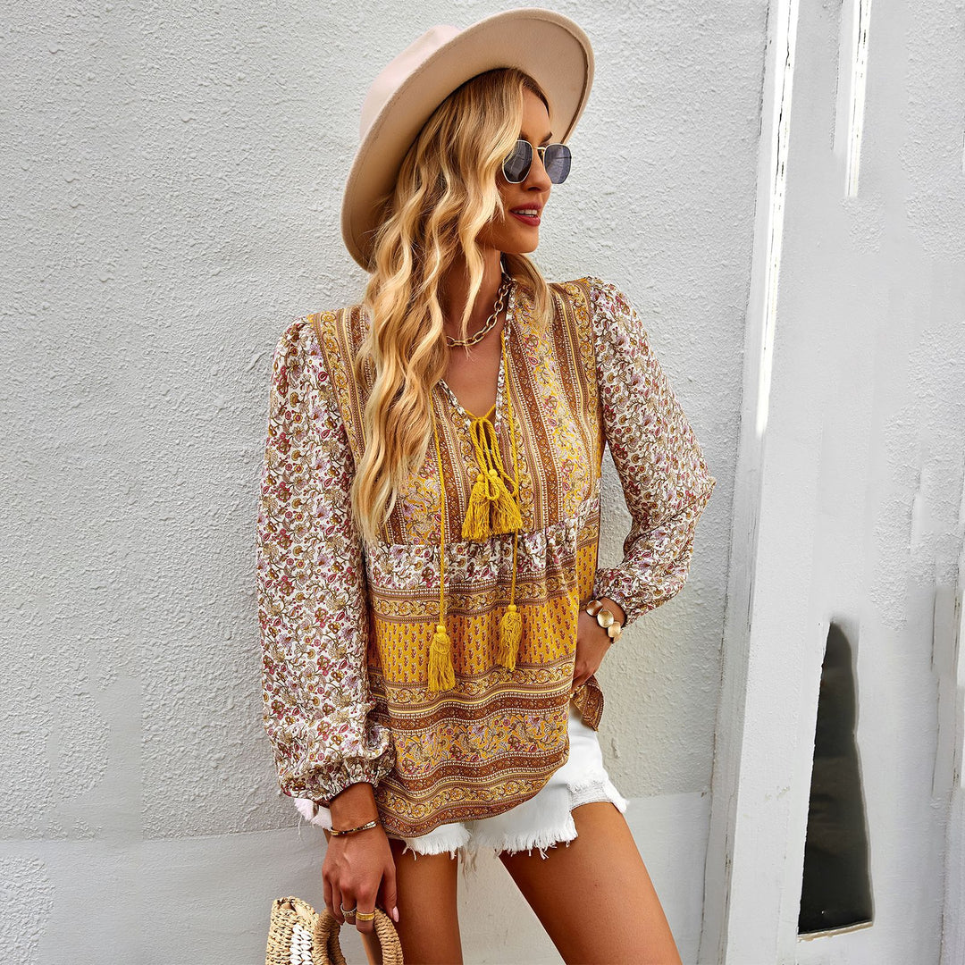 Damen nan lockere Boho-Tunika-Bluse mit V-Ausschnitt, Quasten-Tie und gerafften Ballonärmeln EB