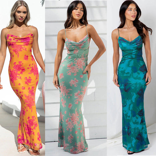 Damen Maxikleid mit floralen Akzenten und elegantem Wasserfall-Ausschnitt EB