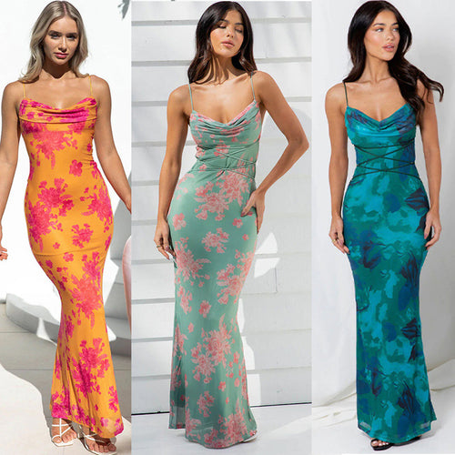Damen Maxikleid mit floralen Akzenten und elegantem Wasserfall-Ausschnitt EB