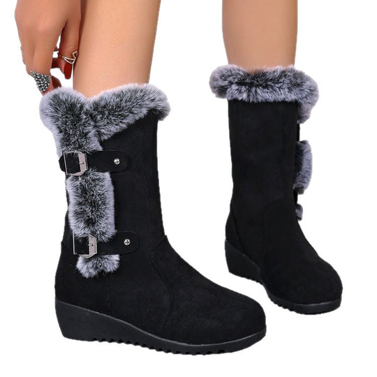 Damen Wedge-Stiefel mit gefüttertem Kunstfellkragen und verstellbaren Schnallen EB