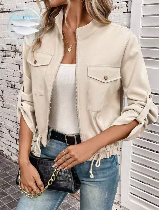 Damen Kurze Bomberjacke mit Reißverschluss und Taschen EB