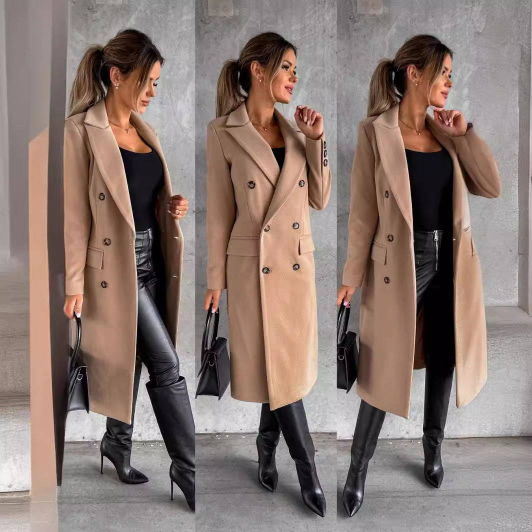 Damen Eleganter Doppelreiher-Mantel mit strukturiertem Stoff und taillierbarem Gürtel EB