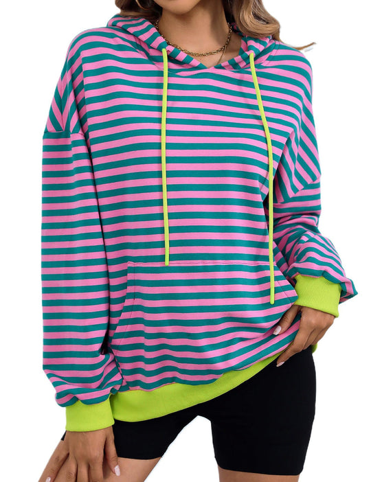 Damen gestreifter Kapuzenpullover mit stylischer Kängurutasche EB