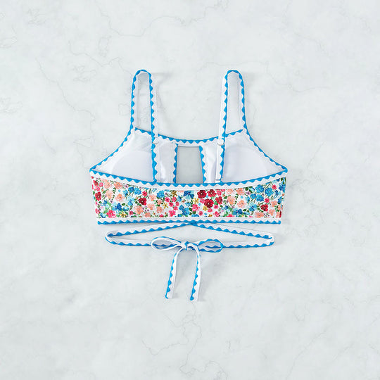 Damen Crop-Top Bikinioberteil mit floralem Design und verspielten Bindebändern EB
