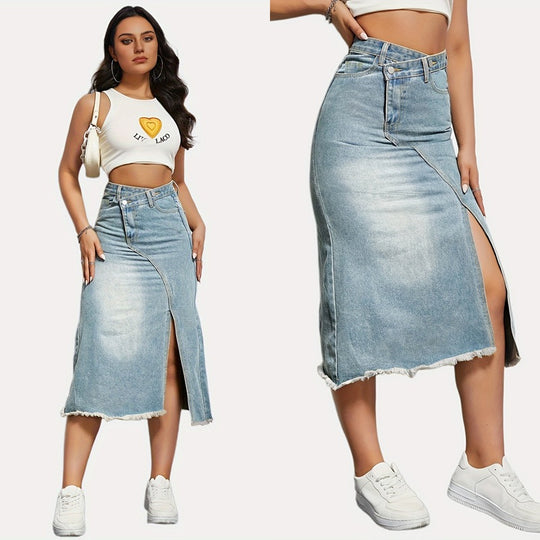 Damen Denim-Midi-Rock mit asymmetrischem Schnitt und fransigem Saum EB