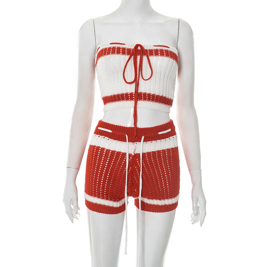 Damen Knitted Bandeau Set mit Shorts und verstellbarem Kordelzug EB
