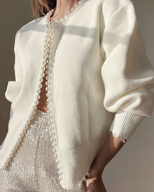 Damen Strickjacke mit auffälligem Perlenbesatz und offenem Design EB