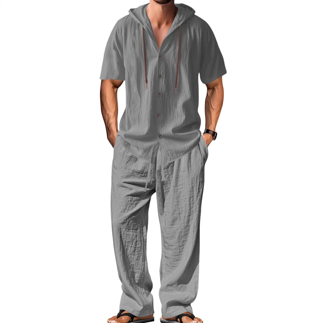 Herren nan luftiges Leinen-Lounge-Set mit kurzärmeligem Kapuzenhemd und gerader Relaxhose EB