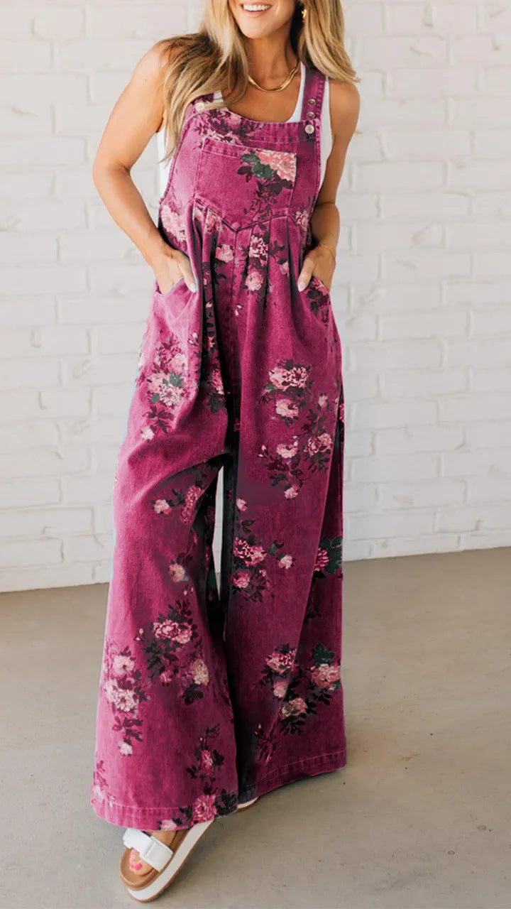 Damen Lässiger Denim-Hosenanzug mit floralem Print und weiten Beinen EB