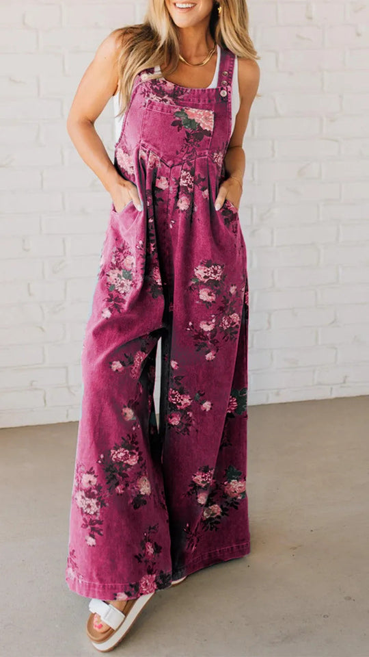 Damen Lässiger Denim-Hosenanzug mit floralem Print und weiten Beinen EB