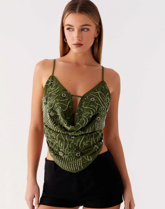 Damen Dekoratives Top mit tiefem Ausschnitt und raffinierten Stickdetails EB