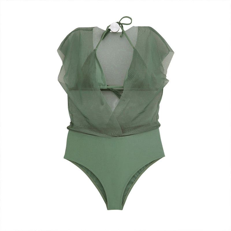 Damen Einteiliger Badeanzug mit transparentem Wickeldetail und femininen Puffärmeln EB