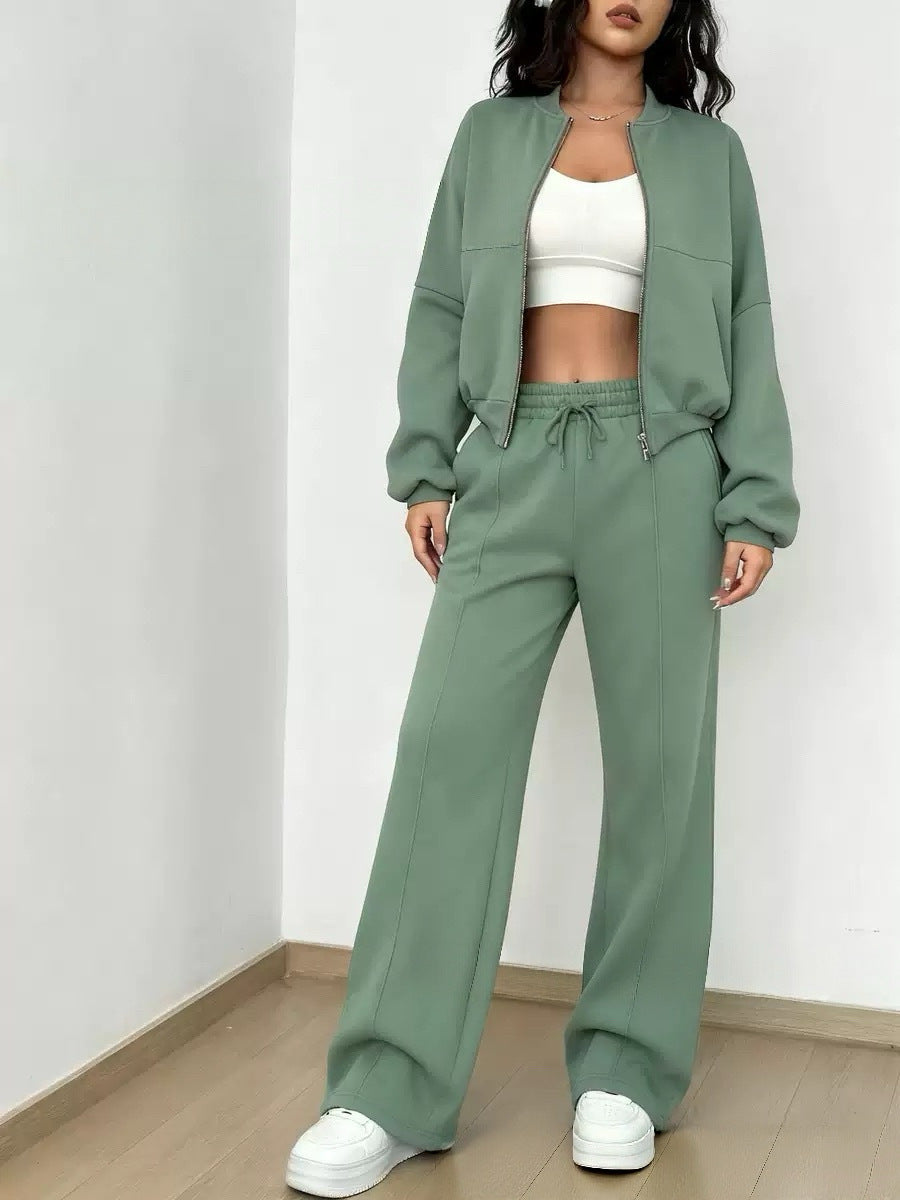 Damen nan kurz geschnittenes Blouson mit Reißverschluss und weiter High-Waist Jogginghose Set EB