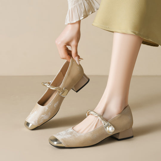 Damen elegante Ballerinas mit luxuriösem Perlenschmuck und modischem Riemendesign EB