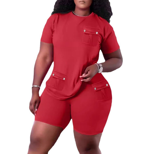 Damen Sportliches Oberteil und Shorts Set mit praktischen Taschen EB