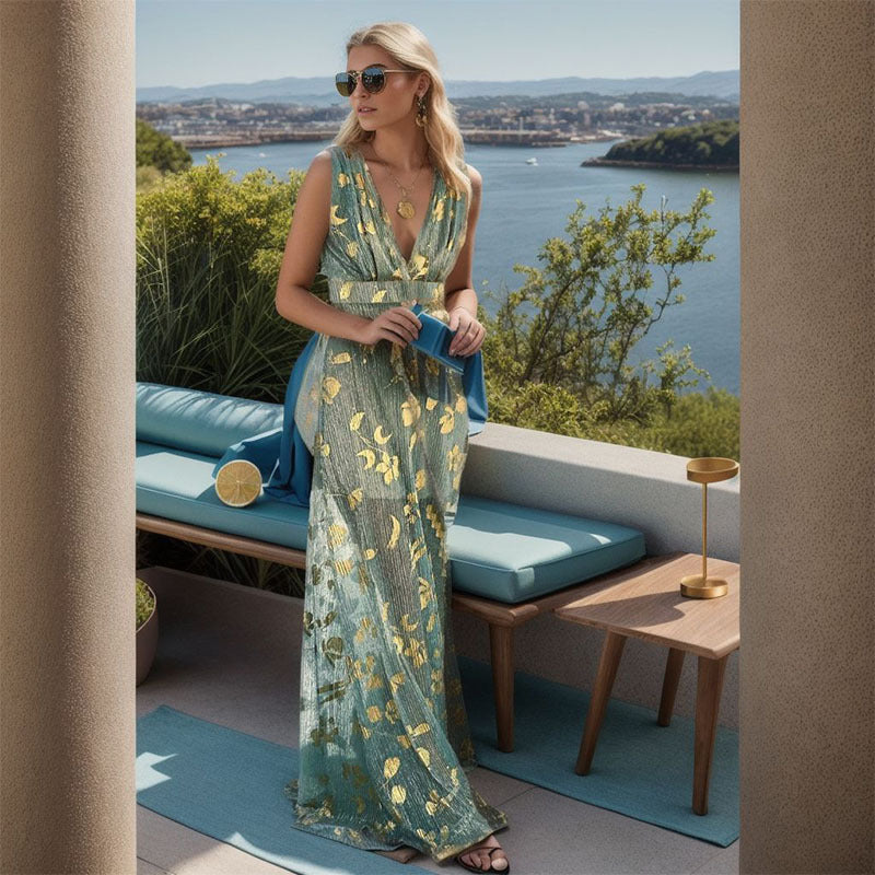 Damen Elegantes Maxi-Kleid mit filigranem Goldmuster und V-Ausschnitt EB