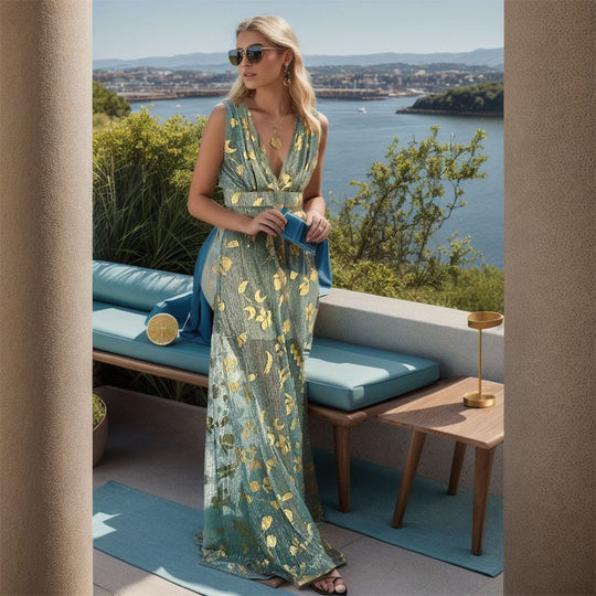 Damen Elegantes Maxi-Kleid mit filigranem Goldmuster und V-Ausschnitt EB
