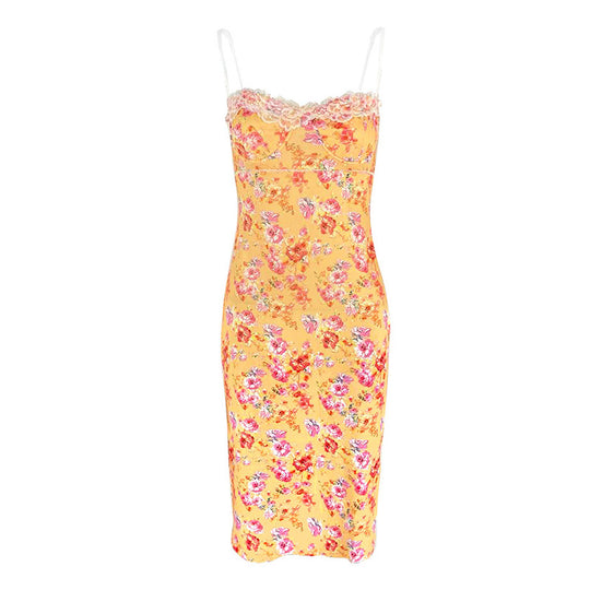 Damen Sommerliches Blumenkleid mit zarter Spitze und Spaghetti-Trägern EB