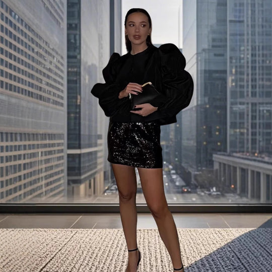 Damen Glamouröser Puffärmel Blazer mit schimmerndem Satin-Finish EB